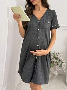 BloomMama Maternity Short Sleeve Front Button Home Dress - Grey - View 3