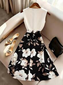 SHEIN Franclia 女士优雅连衣裙、女士休闲连衣裙、女士白色连衣裙、女士碎花连衣裙、女士无袖连衣裙、女士度假连衣裙、沙滩连衣裙、女士正式连衣裙、夏季连衣裙、假日套装、女士夏季套装、沙滩套装、正式连衣裙 - 黑色 - 查看 3