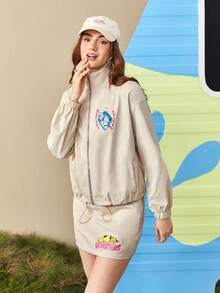 SCOOBY-DOO X SHEIN Letter And Cartoon Graphic Drop Shoulder Drawstring Hem Jacket & Skirt - Apricot - View 6