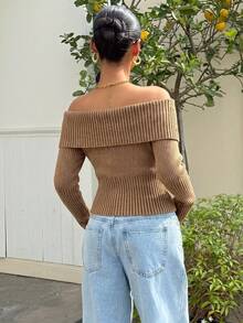SHEIN EZwear Women's Solid Color V-Neck Ribbed Knit Zip-Up Cardigan In Fall/Winter - Camel - View 2