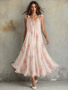 SHEIN Franclia 浪漫夏日度假约会碎花连衣裙，粉色碎花长裙，飘逸A字碎花连衣裙 - 彩色 - 查看 1
