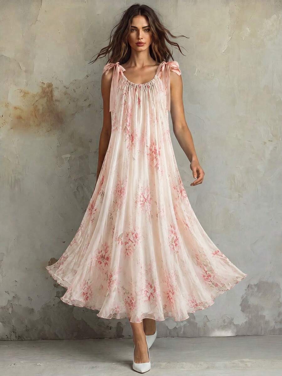 SHEIN Franclia 浪漫夏日度假约会碎花连衣裙,粉色碎花长裙,飘逸A字碎花连衣裙 - 彩色 - 查看 1