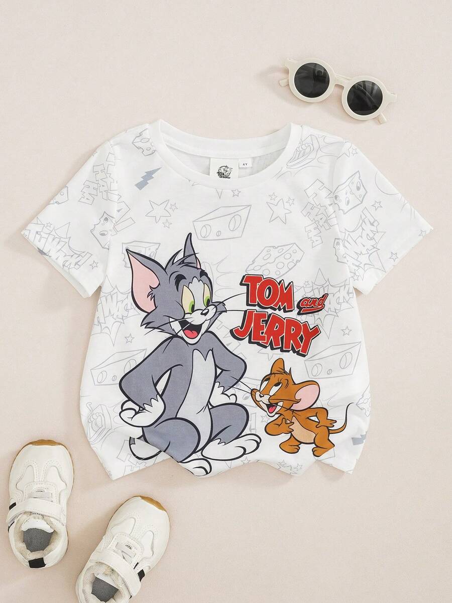TOM & JERRY X SHEIN 小男孩可愛卡通印花圓領短袖T恤 - 白色 - 查看 1