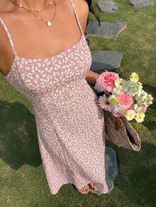 SHEIN EZwear 莲藕粉色碎花吊带女士沙滩度假连衣裙 - 藕粉色 - 查看 6