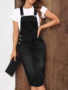 EMERY ROSE Summer Casual Denim Overall Dress - Dark Grey - View 3