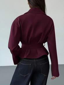 Aloruh 秋冬女款多功能卡其色收腰短款風衣外套 - 中紫紅色 - 查看 2
