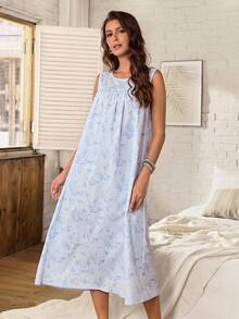 Serenescape Printed Sleeveless Nightgown, Simple Loose Casual Long Dress For Home - Blue - View 4
