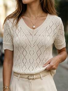 SHEIN White Shimmer Diamond Hollow V-Neck Knit Short Sleeve Full Body Texture Spring Summer Boho French Casual Goddess Vacation Brunch - Apricot - View 6