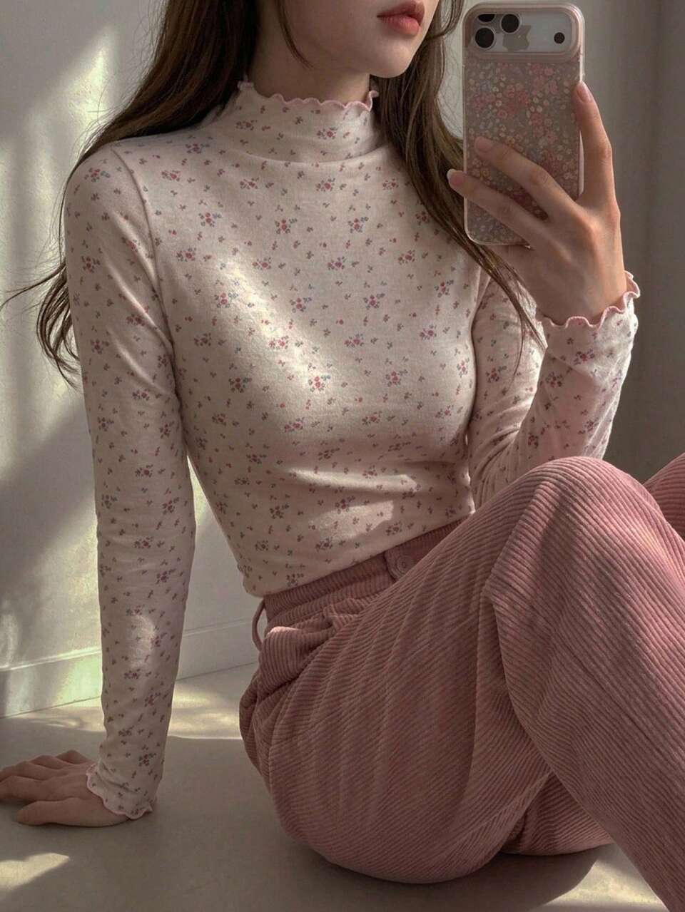Ditsy Floral High Neck Long Sleeve Fitted Lace Trim Casual Vacation Spring Autumn Women's T-Shirt