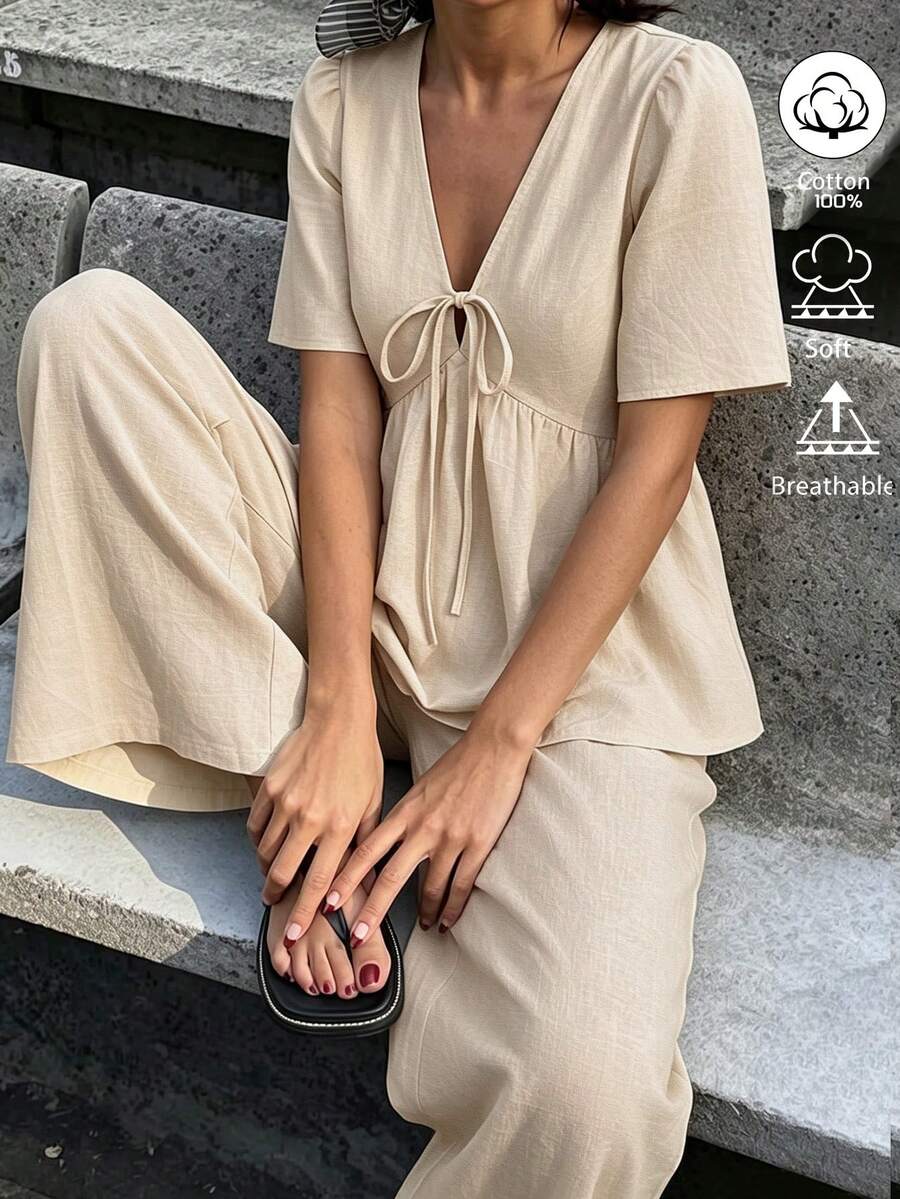 Flora Isola Flora Isola Women's Spring/Autumn Casual Vacation V-Neck Tie-Front Ruffle Sleeve Straight Leg Pants, Suitable For Daily Wear And Vacation - Apricot - View 1