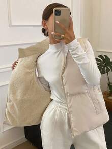 DAZY Women's Solid Color Zipper Front Casual Thermal Lined Vest, Winter Jacket Women Coats - Beige - View 1