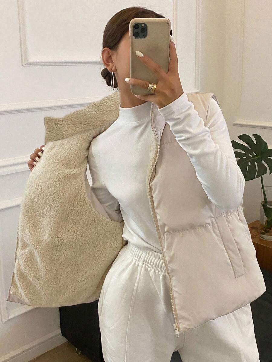 DAZY Women's Solid Color Zipper Front Casual Thermal Lined Vest, Winter Jacket Women Coats - Beige - View 1