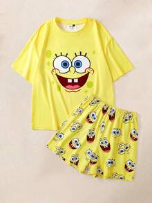 SpongeBob SquarePants | SHEIN 女士可爱卡通图案宽松蝙蝠袖上衣短裤睡衣套装，夏季 - 黃色 - 查看 1