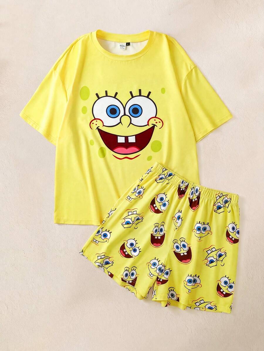 SpongeBob SquarePants | SHEIN 女士可爱卡通图案宽松蝙蝠袖上衣短裤睡衣套装,夏季 - 黃色 - 查看 1