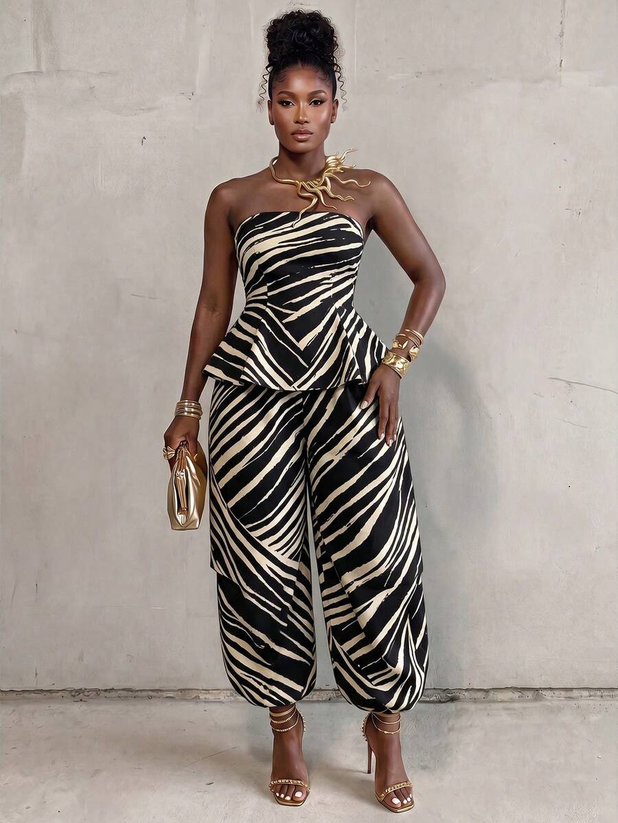 女款黑色抹胸上衣與寬鬆長褲兩件套，派對度假夏季性感優雅