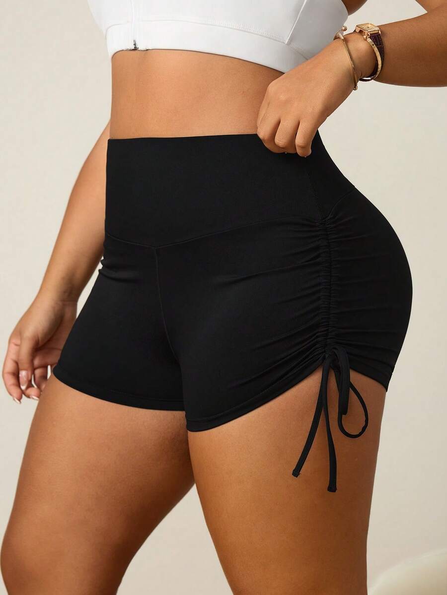SHEIN Rhythm Era Women's Plus Size Solid Color High Waist Side Drawstring Athletic Shorts - Black - View 1