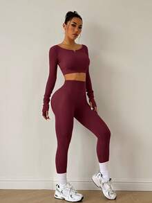 Slayform Slayform Sexy Long Sleeve Pants Set Cross Strap Seamless Knit Women's Sports Outfit - Burgundy - View 4