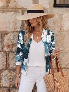EMERY ROSE Chaqueta de béisbol casual con cremallera y estampado floral para mujer, ideal para vacaciones - Multicolor - Ver 2