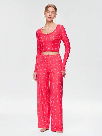 Bonmuse Women's Floral Print 2-Piece Set, Round Neck Long Sleeve Slim Fit Cropped Top Paired With High Waist Wide Leg Pants Casual Set