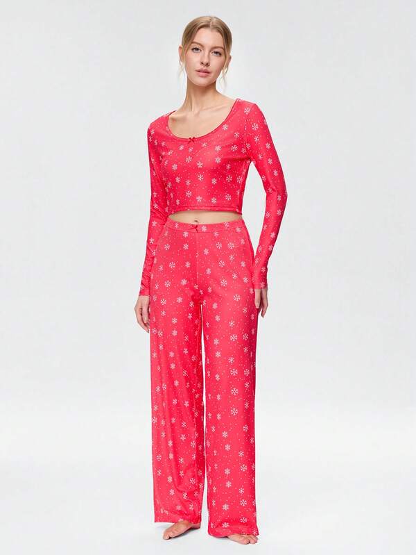 Bonmuse Women's Floral Print 2-Piece Set, Round Neck Long Sleeve Slim Fit Cropped Top Paired With High Waist Wide Leg Pants Casual Set