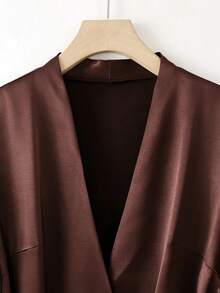GlowEve CURVE Women's Fashion Elegant Elastic Pleated Long Sleeve V-Neck Hidden Button Placket Tie Satin Blazer, Suitable For Daily Wear And Commuting Fall - Brown - View 3