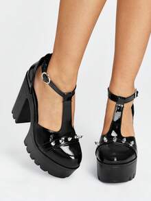 Sugerpunk Women's Fashion And Sexy Platform High-Heeled Shoes, Punk Style, Gothic Street Style, Rivet Buckle Solid Color Round Toe Design, Nightclub Party - Coal black - View 2