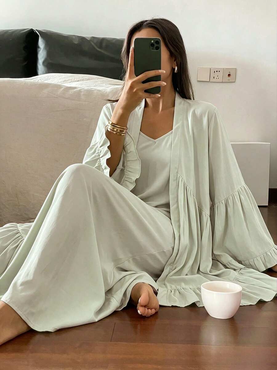 Livesso 2件組女款長版開襟衫與洋裝睡衣套裝,荷葉邊飾,春夏睡衣套裝 - 綠色 - 查看 1