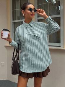 DAZY 女款春夏秋冬寬鬆休閒風長袖 2 合 1 領口直條紋布料襯衫 - 水鴨藍 - 查看 5