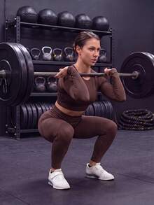 Easithlete Easithlete 高彈性無縫女款露背長袖T恤與緊身褲運動套裝 - 棕色 - 查看 3