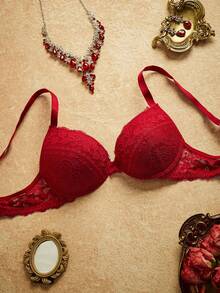 PinupPomp 1pc Women's Lace Padded Underwire Bra With Wide Straps, Lift And Support For Small Bust - Red - View 3