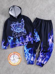SHEIN 2件組兒童青少年男孩休閒日常百搭舒適螢光火焰熊印花圖案連帽衛衣寬鬆套頭長袖針織衛衣與鬆緊束口寬鬆運動長褲套裝，適合通勤、上學、日常休閒、度假旅行與運動，適合秋冬 - 紫色 - 查看 3
