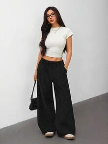 SHEIN PETITE 杏色黑色多色女款長褲兩件套基礎百搭休閒裝，適合多種場合 - 彩色 - 查看 4