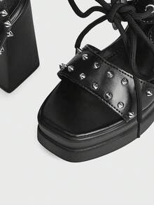 Sugerpunk Women's Thick Sole High Heel Sandals Punk Style Solid Color Lace-Up Open Toe Shoes With Rivet Embellishment For Nightclub Party - Black - View 7