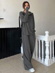 Dazy Tall Setelan Kasual Wanita 2 Potong Terdiri dari Gaun Hoodie dan Celana Longgar untuk Musim Gugur - Grey - View 8
