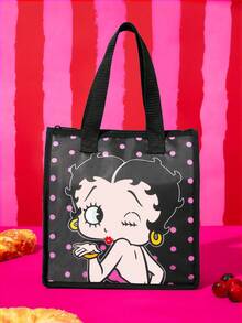Betty Boop x SHEIN 黑粉波點復古女士保溫午餐提袋，加厚編織提把，保溫內層，適合上班族與學生日常使用 - 粉黑色 - 查看 3