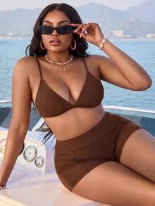 SHEIN Swim 大尺碼極簡純色口袋短褲泳裝下身 - 咖啡棕 - 查看 4