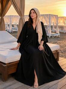 SHEIN Lady CURVE Plus Size Women Solid Color Pleated Fitted Split Hem Dress Vacation Black Autumn Elegant Vacation Wedding Guest Fall - Black - View 1