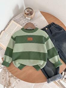 SHEIN LMoss Kids 小男孩休閒修身兒童長袖針織秋季毛衣，復古學院風，適合通勤、上學、休閒、街拍、派對、外出 - 彩色 - 查看 7
