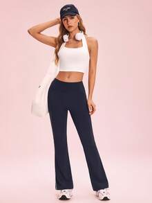 Dewbera Dewbera Contrast Trim High Waist Flared Leg Sports Pants - Blue - View 6