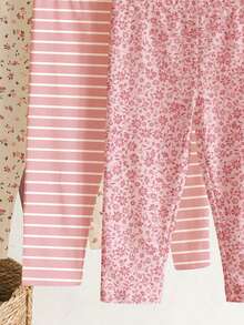 SHEIN 柔霧粉色調波希米亞花卉條紋圖案女嬰可愛舒適休閒內搭褲3件組，適合秋冬日常穿著，穿脫方便，休閒穿搭，新款 - 彩色 - 查看 6