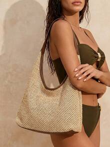 SHEIN Swim Handcrafted Woven Natural Fiber Bag With Inner Pouch Contrast Binding Snap Button, Tropical Poolside, Weekend Getaway, Island Ready & Cruise Trip - Coffee Brown - View 4