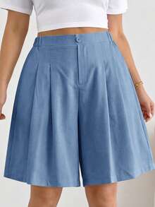 Shapeblank Plus Size Minimalist Versatile Button Elastic Waist Pleated Pocket Shorts - Blue - View 7