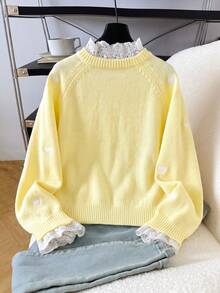 SHEIN Suéter para niña preadolescente con bordado de corazón, patchwork y dobladillo con volantes - Amarillo - Ver 2