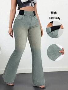 SHEIN Tall 女士牛仔裤休闲紧身弹力喇叭裤蓝色紧身牛仔裤高腰喇叭裤高腰女士牛仔裤夏季 - 中等水洗藍 - 查看 2
