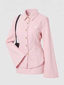 SHEIN MOD 女款刺繡喇叭袖單排扣牛仔襯衫 - 粉色 - 查看 3