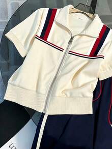 SHEIN Cardigan de manga corta con cuello suelto y pantalones rectos con bolsillo en diagonal - Multicolor - Ver 4