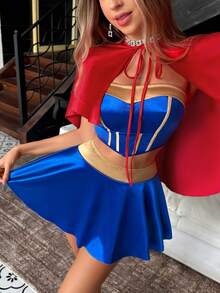 Fantasy Costume Fantasy Costume زي سوبر بطل خارق باللون الأزرق بتصميم كتل لونية مع عباءة، مجموعة من 3 قطع - متعدد الألوان - مشاهدة 5