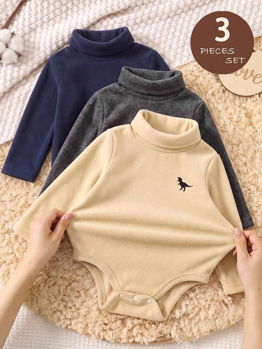 LMoss Kids 男嬰高領小馬印花柔軟刷毛布料修身長袖連身衣 3 件套,秋冬款 - 彩色 - 查看 1