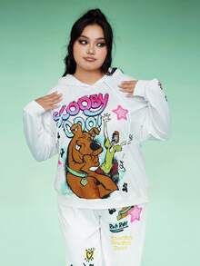 SCOOBY-DOO X SHEIN Plus Size Y2K Dressy Casual Set: Star Great Dane Print Drawstring Hooded Sweatshirt And Jogger Pants, Long Sleeve, Autumn White Formal - White - View 4