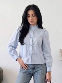 Solavon Women's French Fashion Bow Decor Long Sleeve Vacation Blouse - Blue - View 3